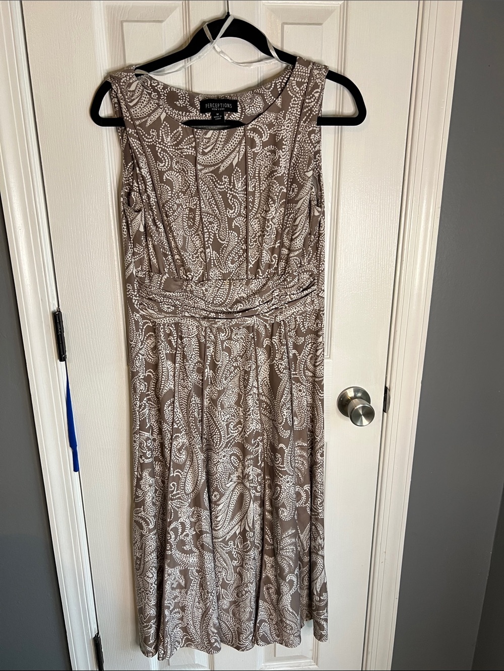 Perceptions Taupe Paisley Sleeveless Midi Dress with Gathered Waist